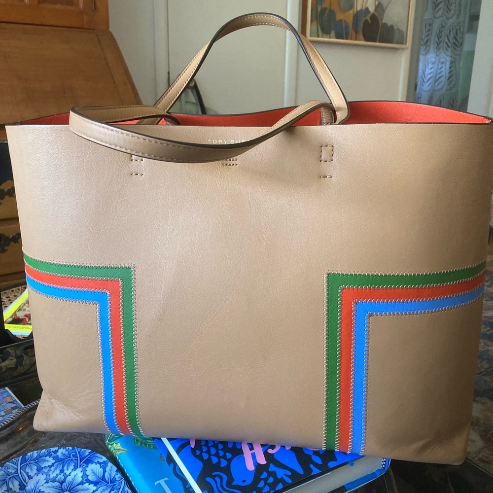 Tory Burch Tan Striped Leather Block-T Shopper Tote